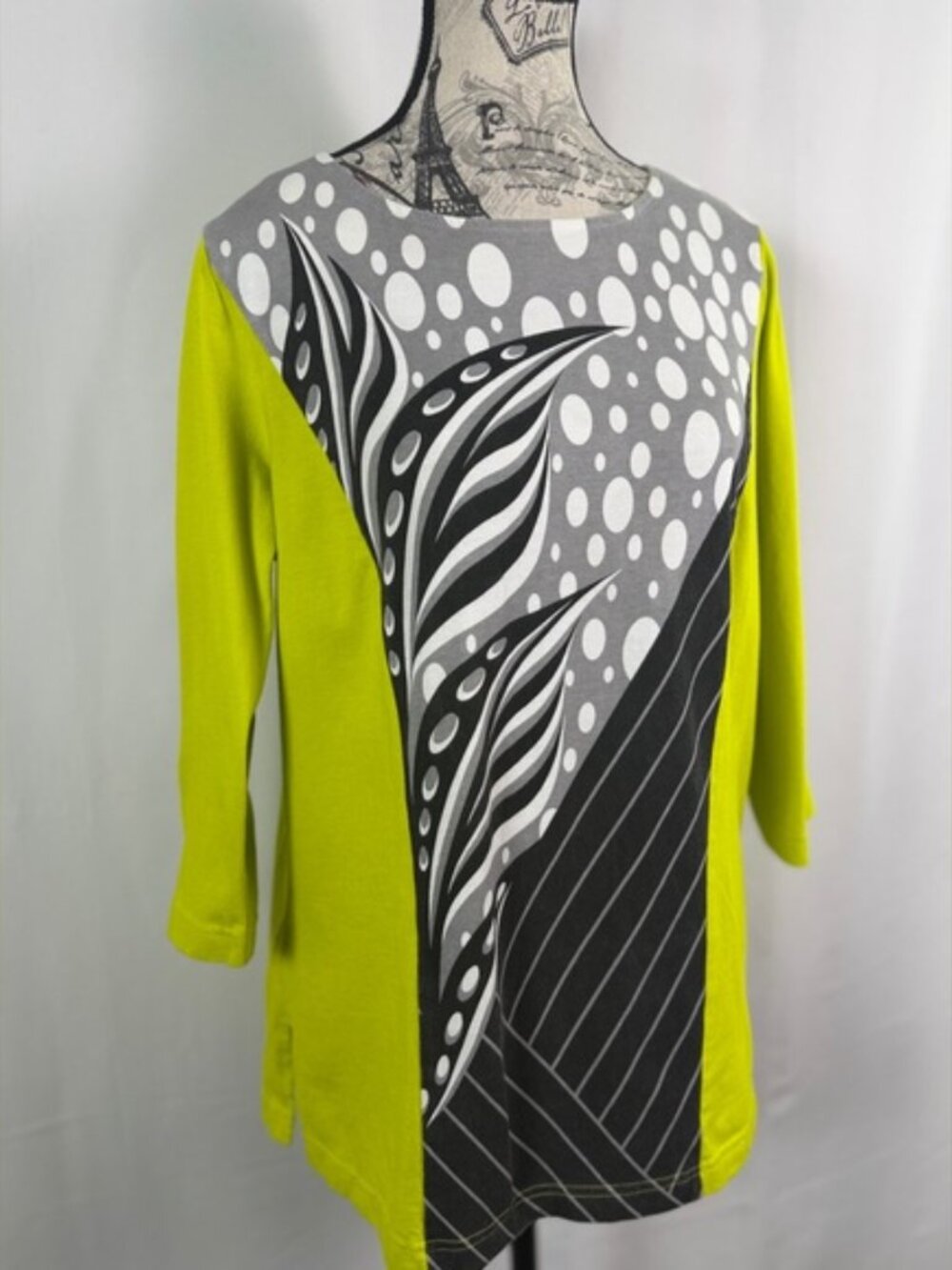 Bob Mackie Wearable Art Chartreuse Abstract Tunic Top 100% Cotton M - Picture 3 of 10